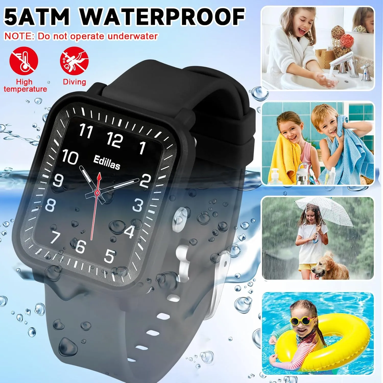 Edillas Kids Watch Analog for Girls Boys, 50M Waterproof Children Quartz SquareWristwatches for Kids, Students with Soft Silicone Strap, Easy to Read Learn time Presents