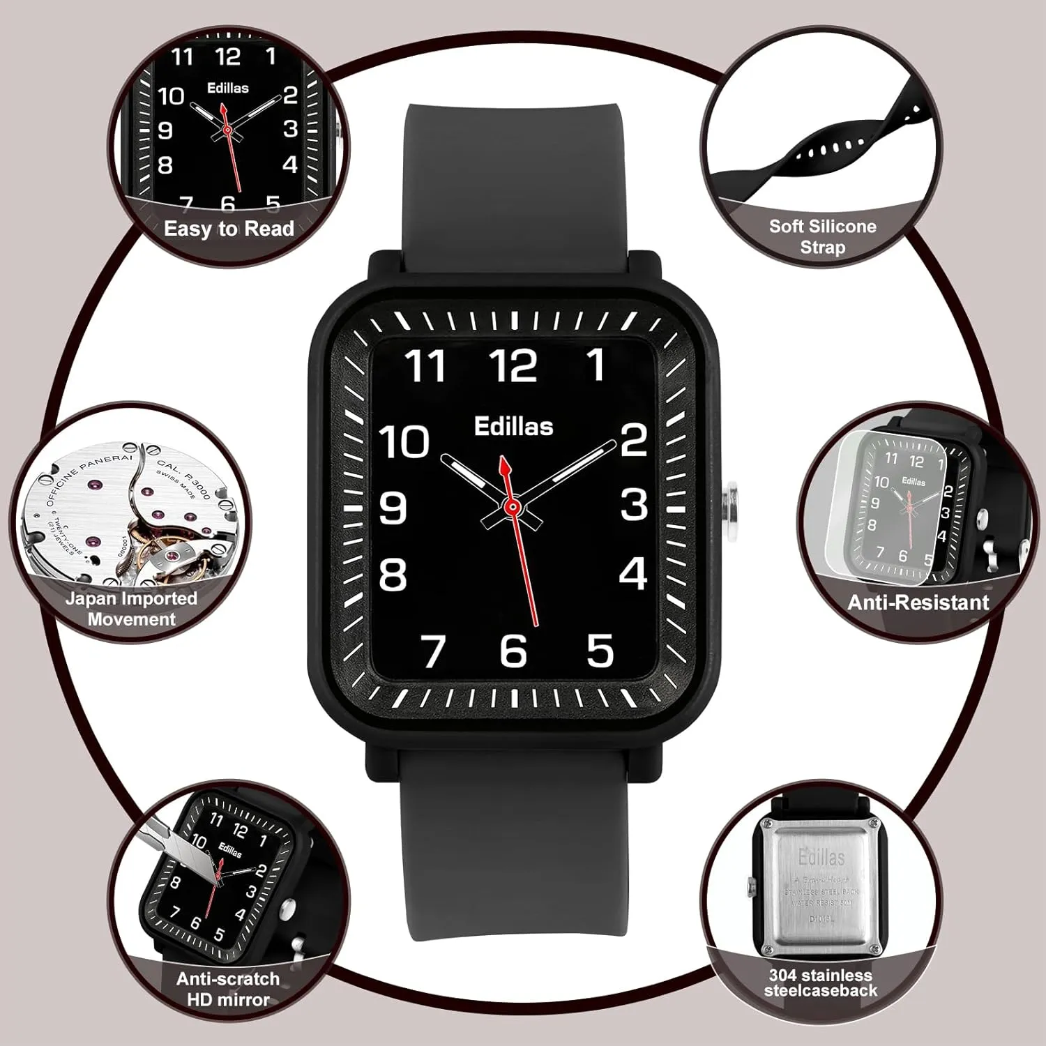 Edillas Kids Watch Analog for Girls Boys, 50M Waterproof Children Quartz SquareWristwatches for Kids, Students with Soft Silicone Strap, Easy to Read Learn time Presents