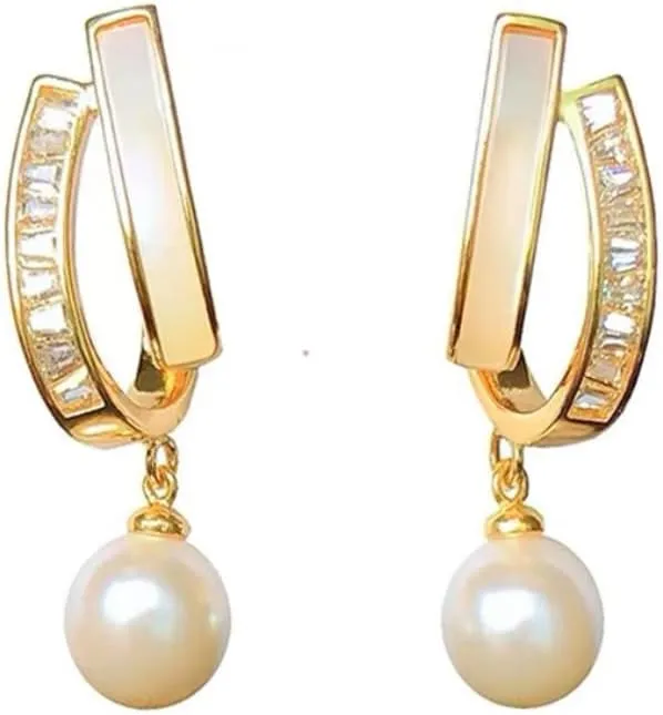 Elegant 18k Gold-Plated Pearl Drop Earrings for Women  Classic Crystal-Embellished Huggie Hoops with Teardrop Pearl, Timeless Jewelry for Weddings, Parties & Special Occasions