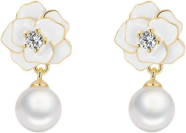 Elegant Cz Camellia Flower Pearl Earrings for Women Sterling Silver Post Pin Chic White Enamel Floral Crystal 14k Gold Plated Charm Dangle Drop Hypoallergenic Prom Wedding Party Jewelry for Brides