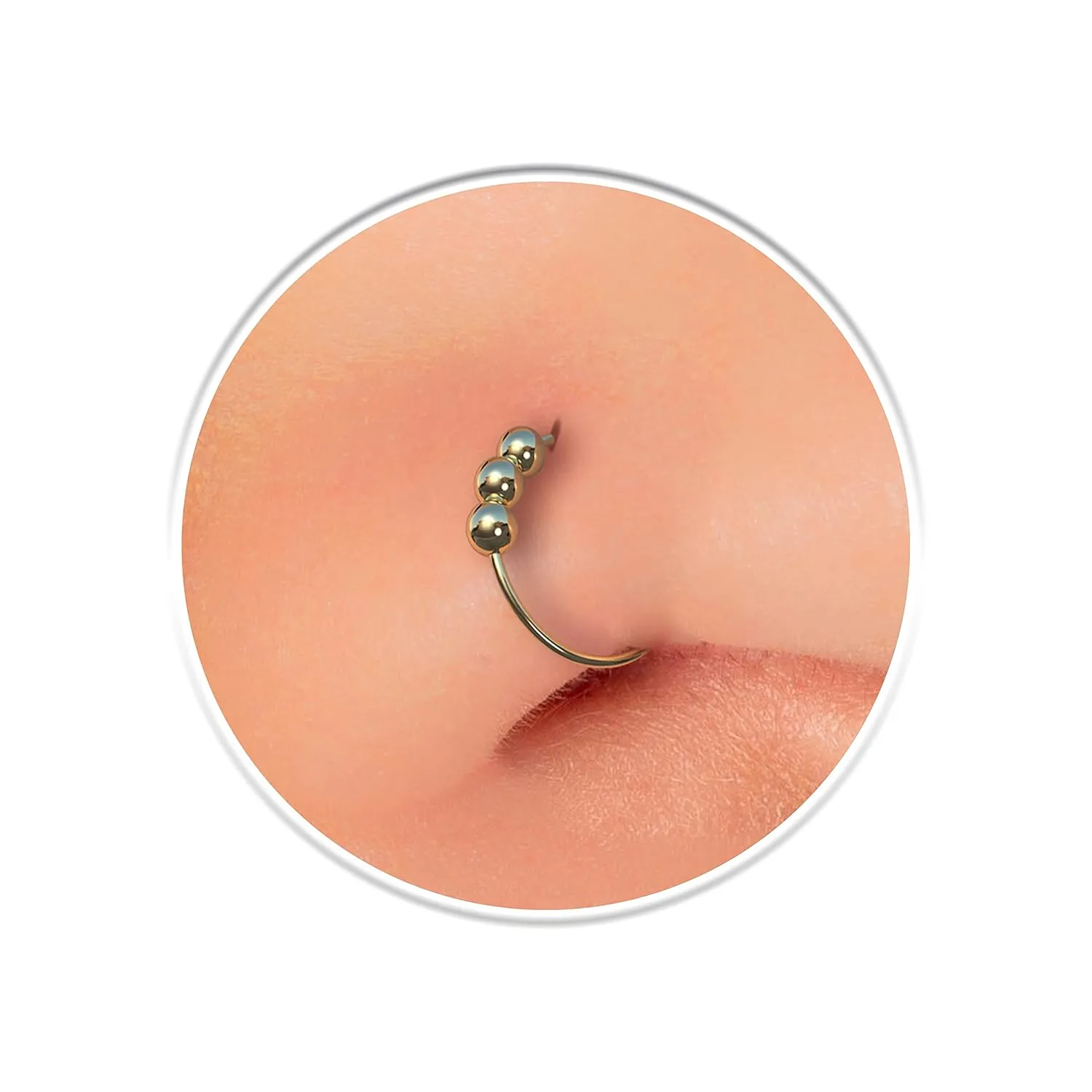 Fake Nose Ring Thin Hoop 24G - 14k Gold Filled Faux Nose Piercing With Beads - No Piercing Needed Nose Rings For Women