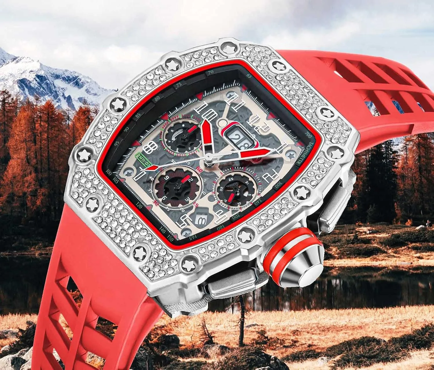 FANMIS Mens Bling Punk Diamond Chronograph Watches Fashion Style Silicone Band Sports Wrist Watch