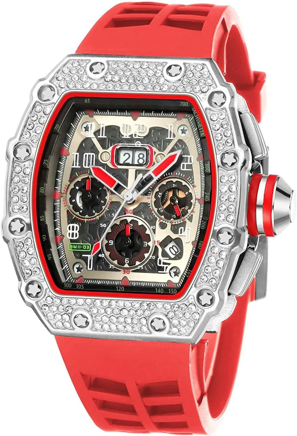 FANMIS Mens Bling Punk Diamond Chronograph Watches Fashion Style Silicone Band Sports Wrist Watch