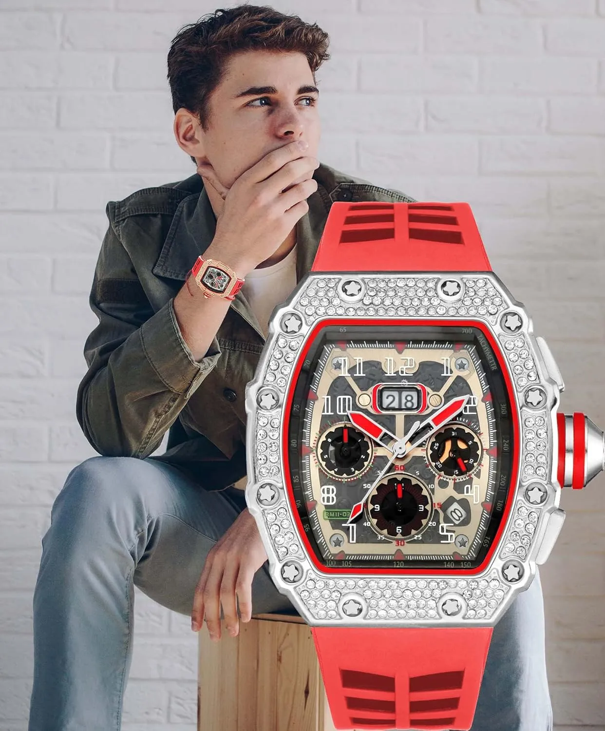 FANMIS Mens Bling Punk Diamond Chronograph Watches Fashion Style Silicone Band Sports Wrist Watch