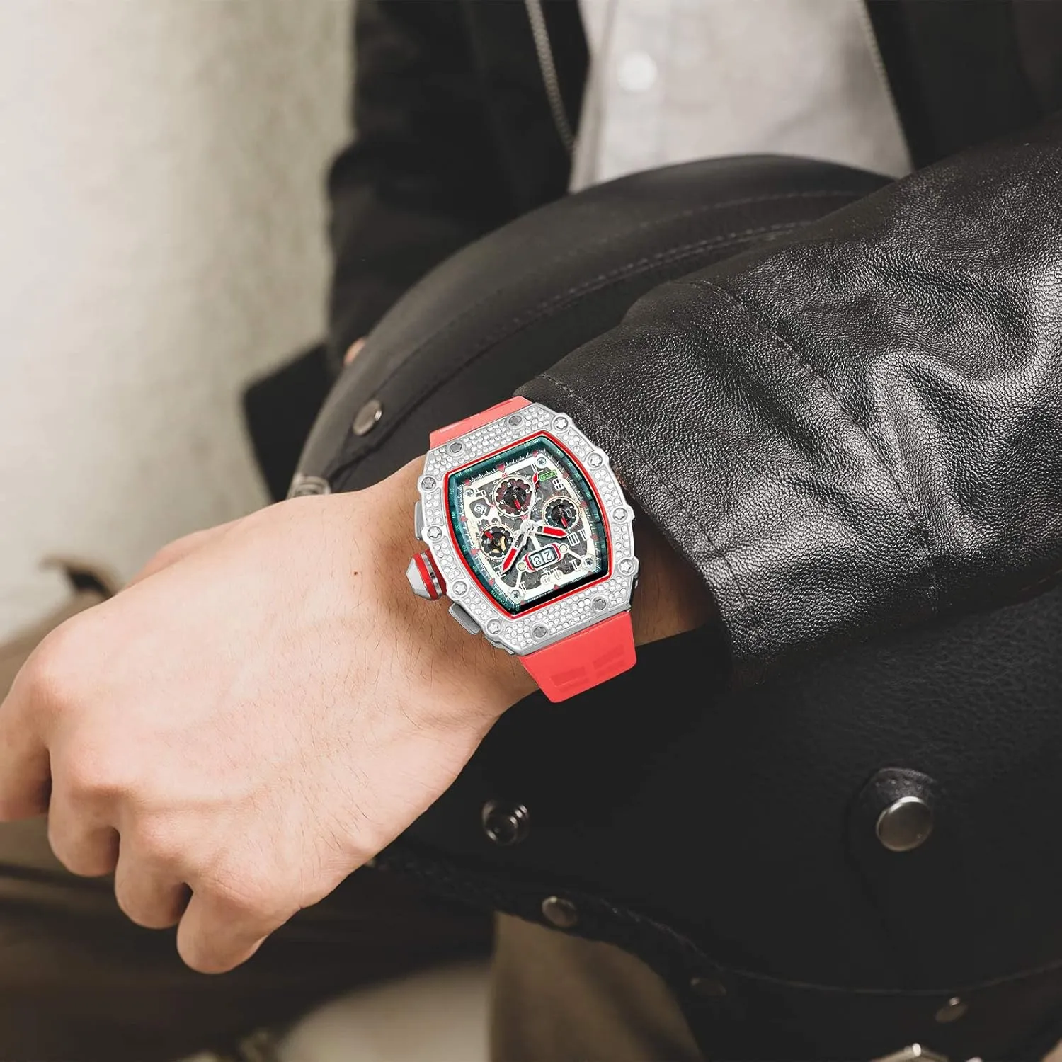 FANMIS Mens Bling Punk Diamond Chronograph Watches Fashion Style Silicone Band Sports Wrist Watch