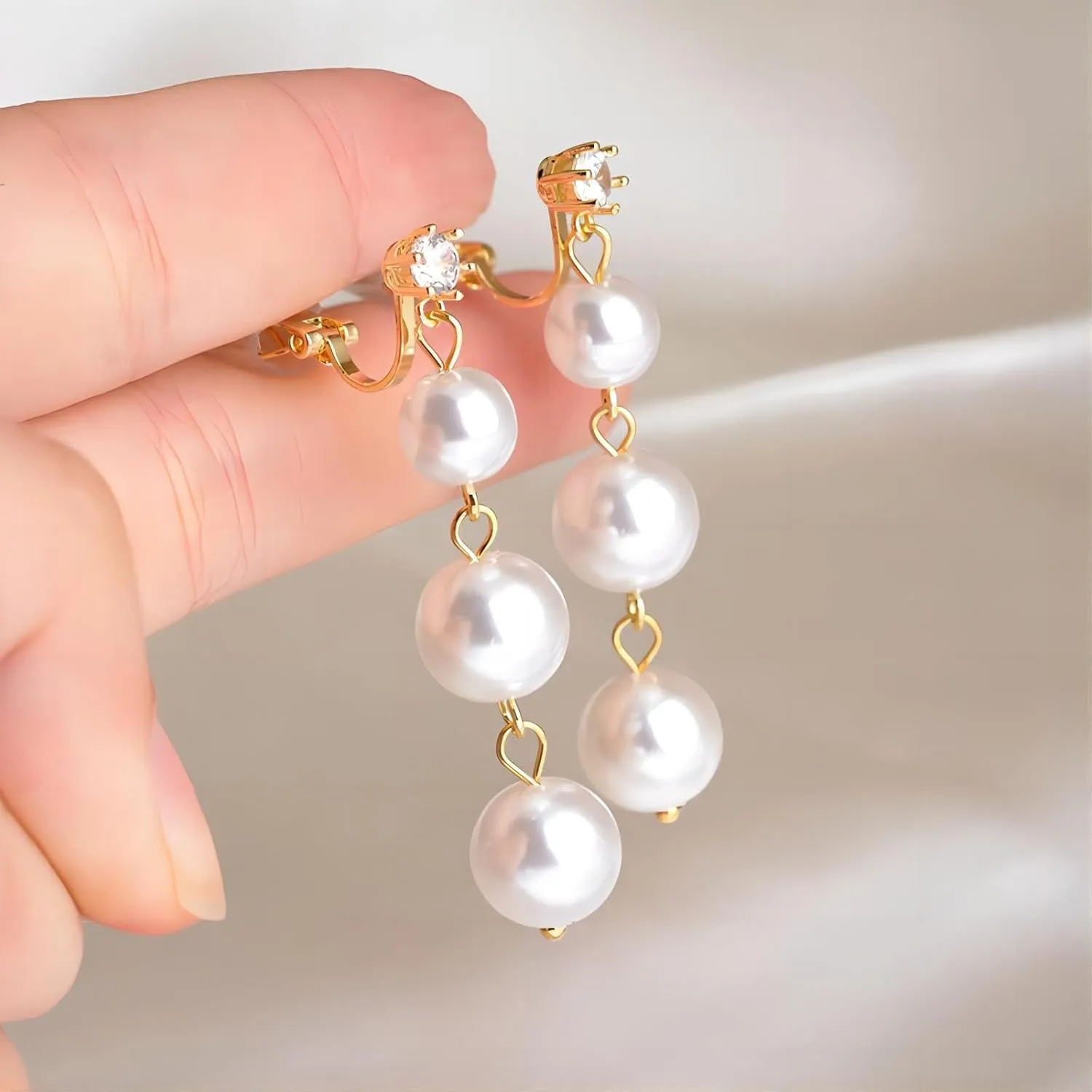 Faux Pearl Clip On Dangle Drop Earrings for Women, No Piercing 14K Gold Plated Pearl Dangly Earring