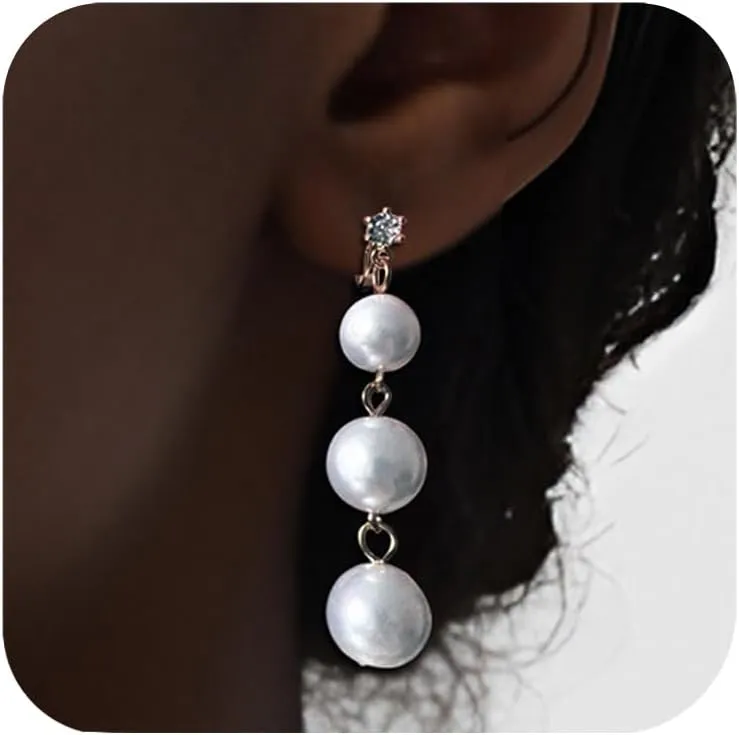 Faux Pearl Clip On Dangle Drop Earrings for Women, No Piercing 14K Gold Plated Pearl Dangly Earring