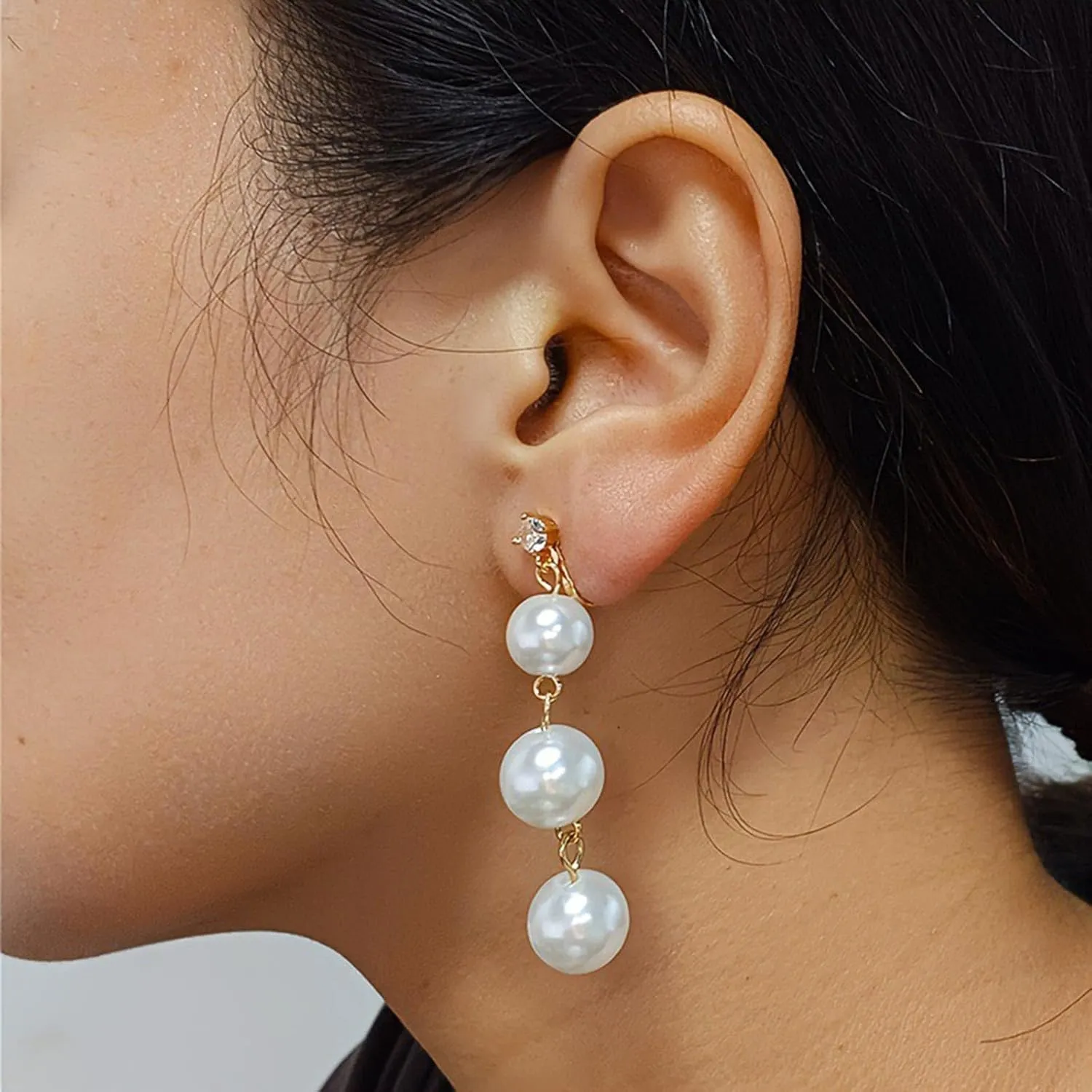 Faux Pearl Clip On Dangle Drop Earrings for Women, No Piercing 14K Gold Plated Pearl Dangly Earring