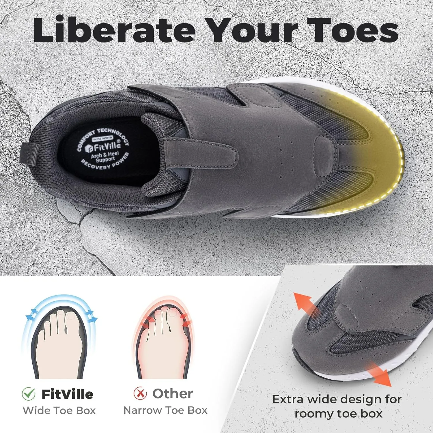 FitVille Diabetic Shoes for Men Extra Wide Slip-on Shoes for Swollen Feet Men Wide Walking Shoes with Arch Support for Foot Pain Relief- Rebound Core V10