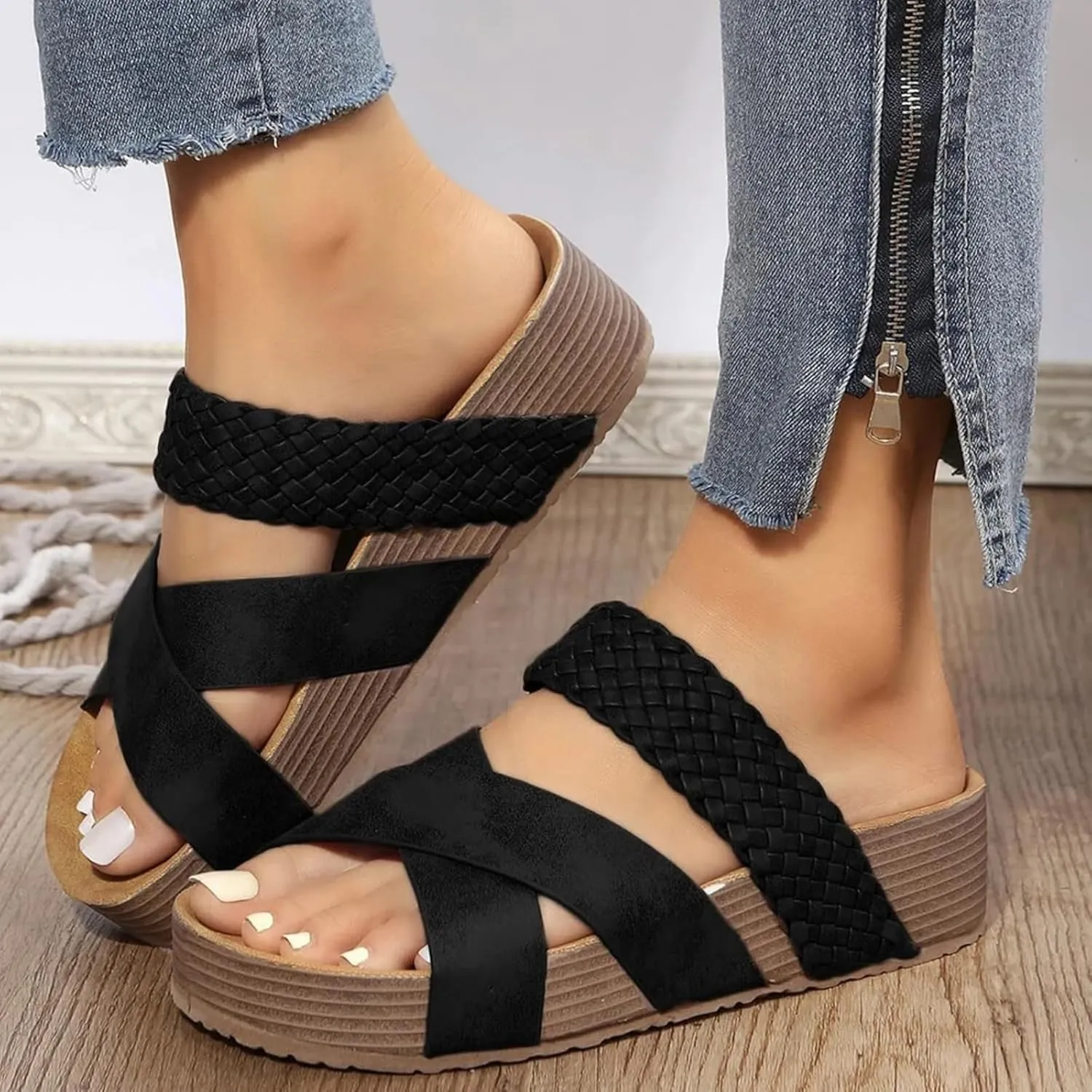 Flat Sandals for Women Summer Dressy Slip on Platform Sandals Cross-Strap Open Toe Wide Width Slippers Walking Beach Shoes