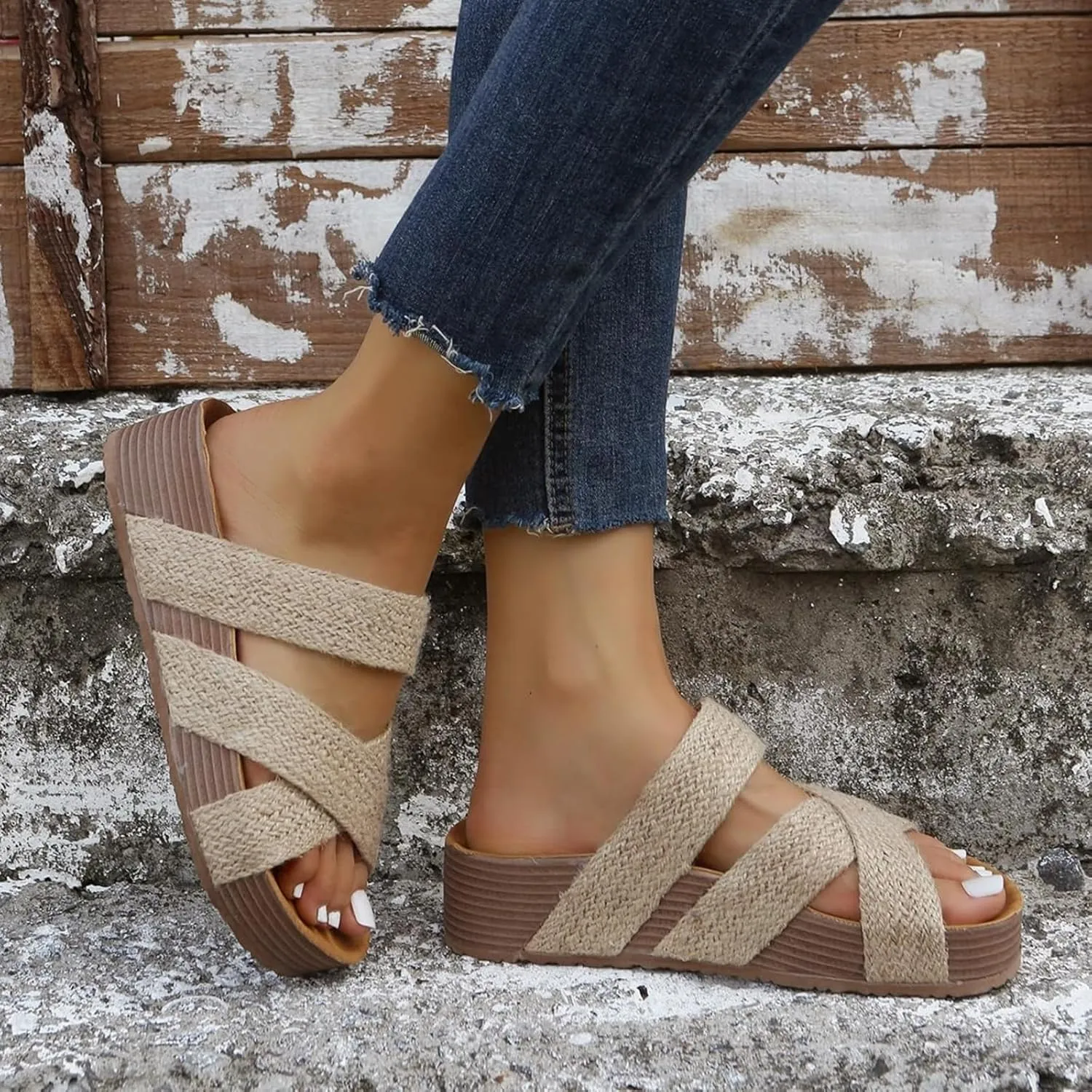 Flat Sandals for Women Summer Dressy Slip on Platform Sandals Cross-Strap Open Toe Wide Width Slippers Walking Beach Shoes