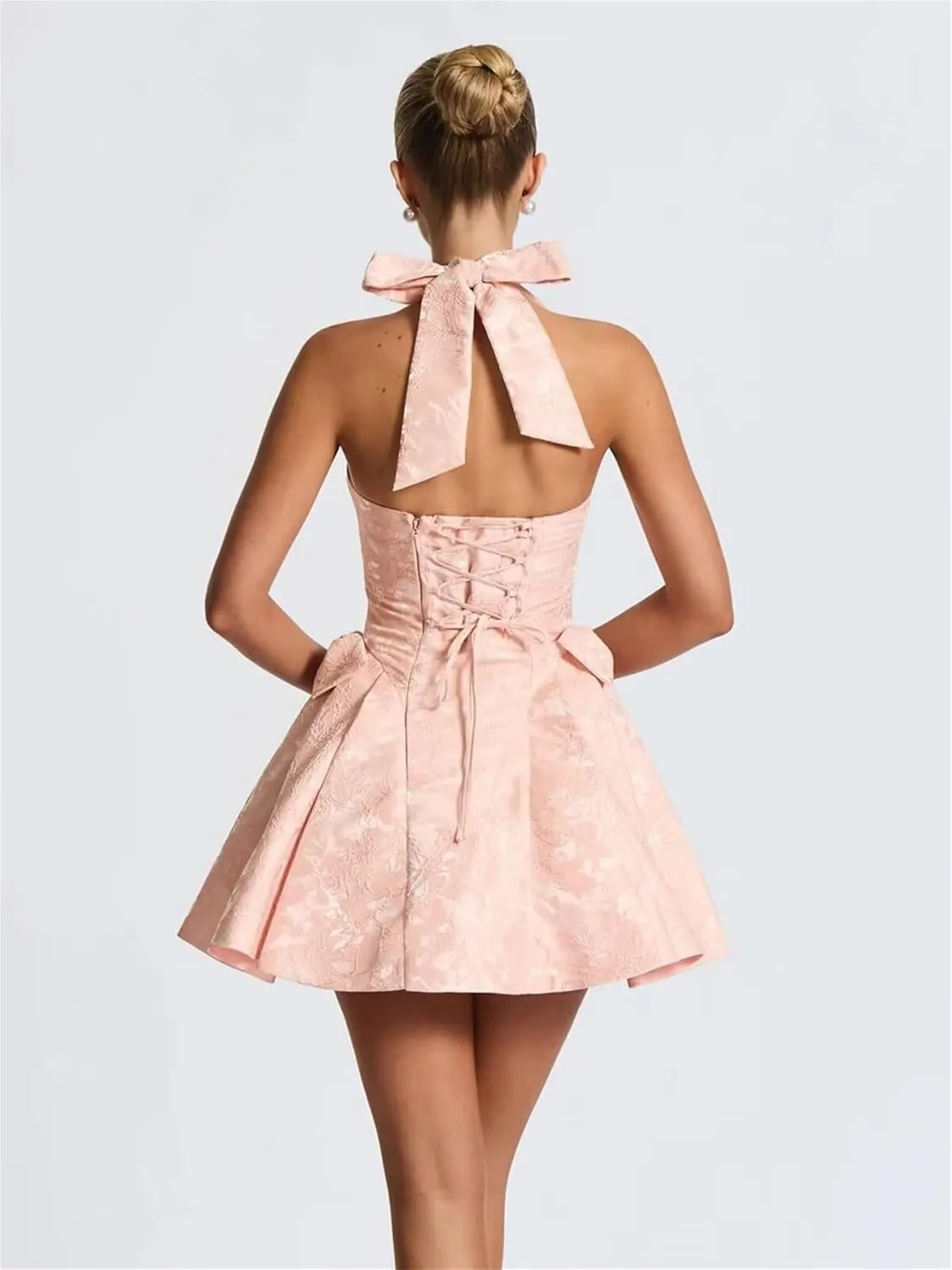 Floral Jacquard Satin Short Homecoming Dress for Teens Halter V Neck Prom Dress Mini Party Cocktial Gowns with Bow