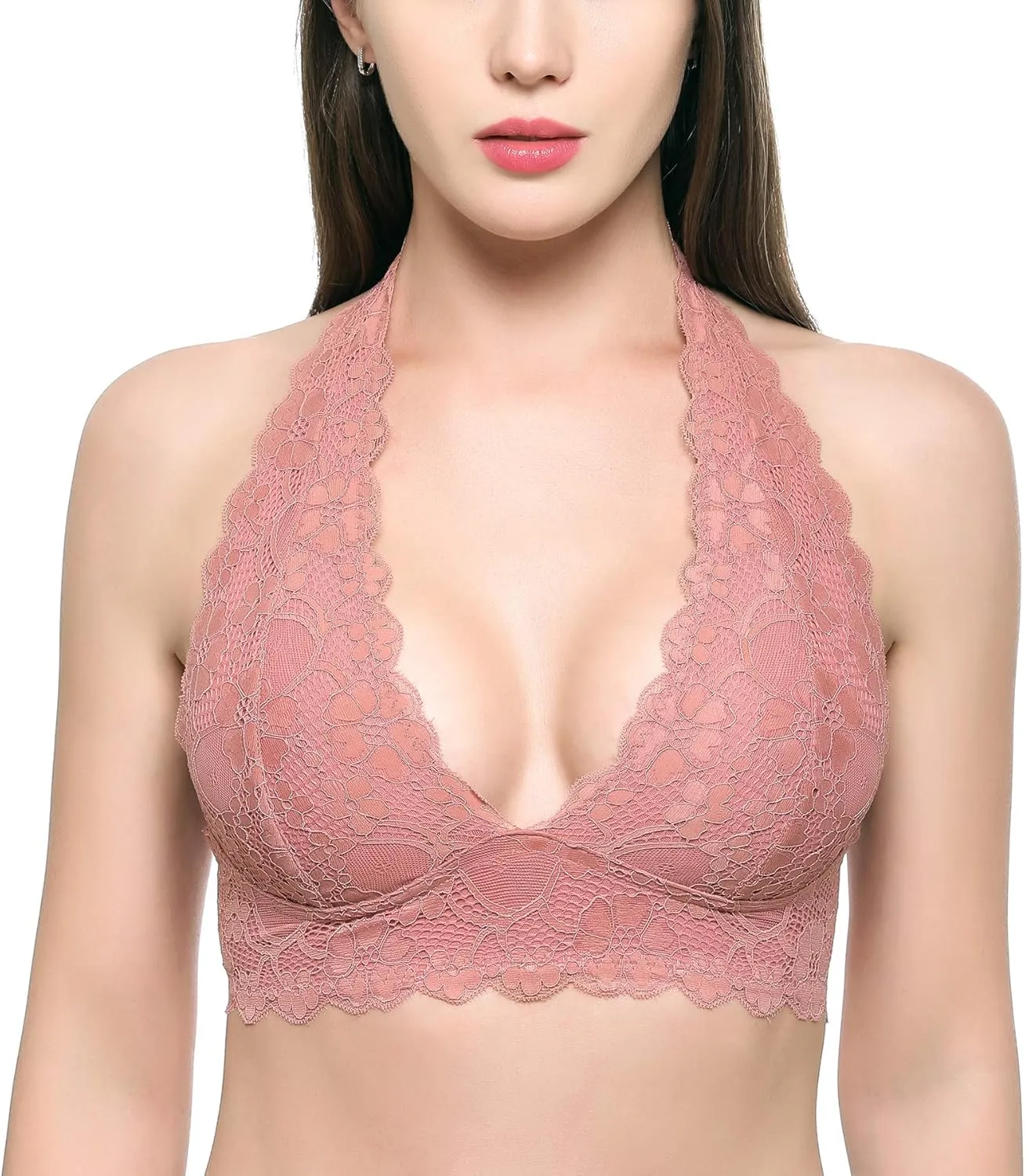 Floral Lace Halter Bras for Women Wirefree Unpadded Halter Bralette Breathable Sexy Deep V Lace Bralette