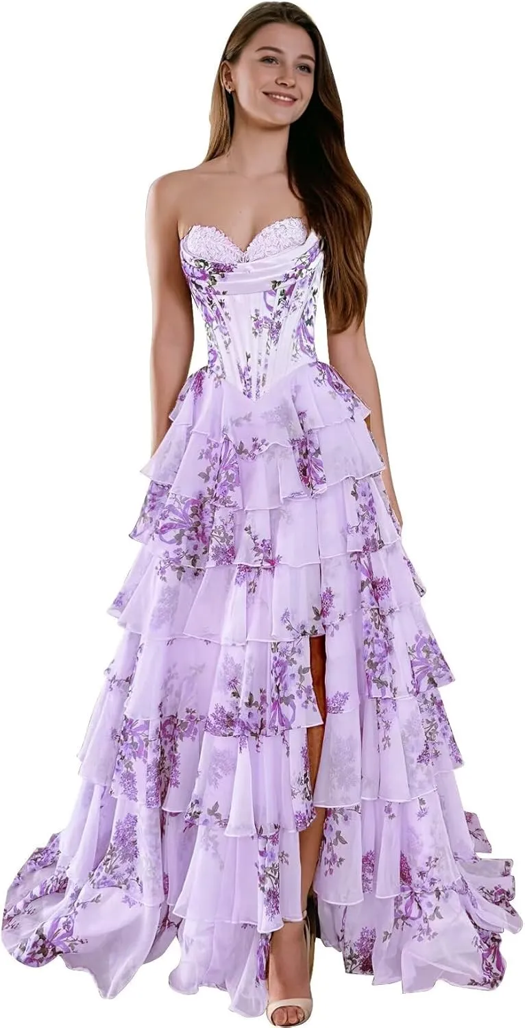 Floral Prom Dresses Ruffles Tiered Chiffon Long Strapless Ball Gown A-Line Sweetheart Formal Evening Gown
