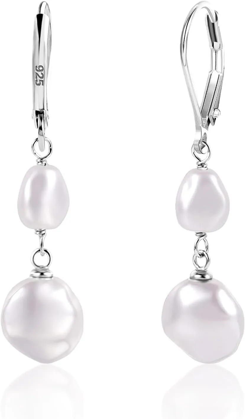 Freshwater Pearl Dangle Earrings for Women Baroque Pearl Earrings Gold Pearl Drop Earring Pearl Hoop Earrings Double Pearl Drop Earrings Irregular Pearl Earring Dainty Wedding Jewelry