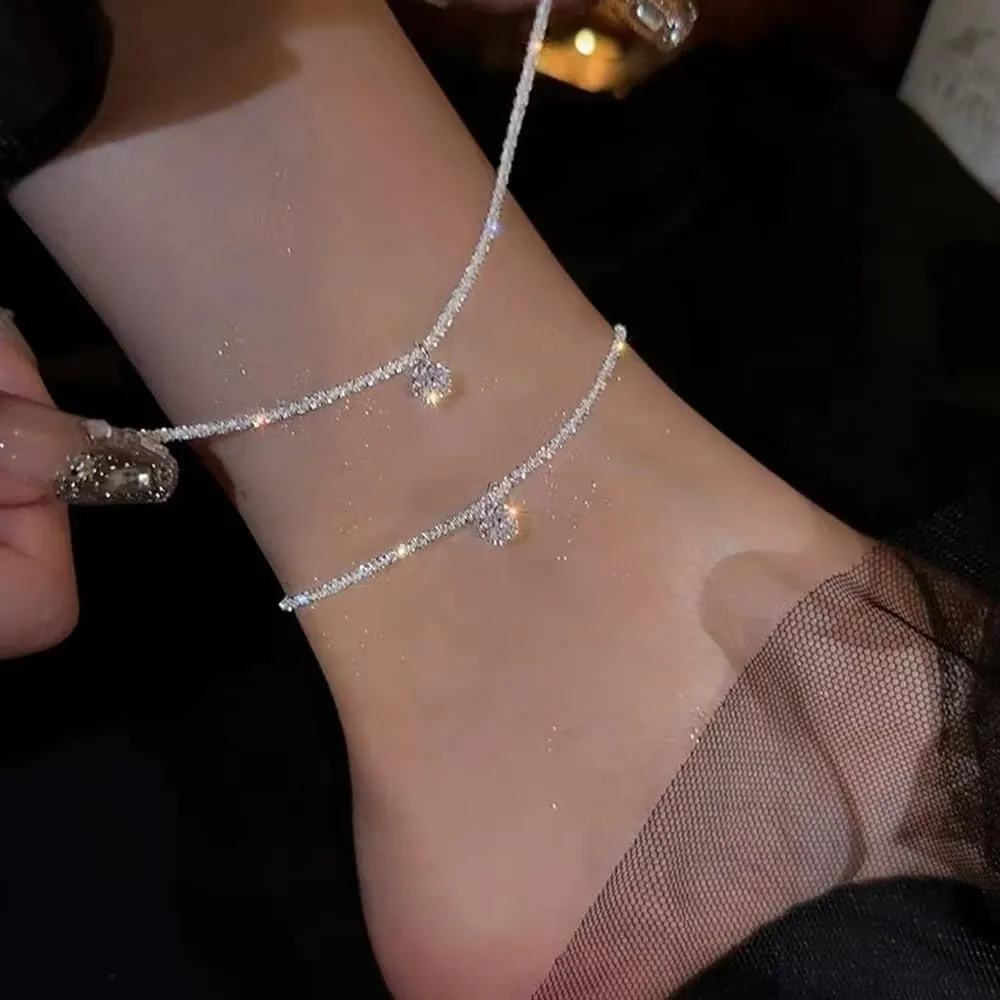 Galaxy Glitter Zircon Chain,Sparkling Zircon Anklet Bracelet,Silver Glitter Cubic Zirconia Pendant Anklet Bracelets,Beach Cute Anklets Jewelry for Summer