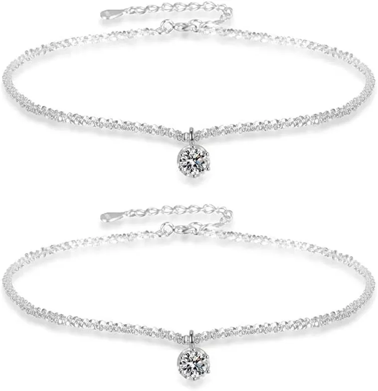 Galaxy Glitter Zircon Chain,Sparkling Zircon Anklet Bracelet,Silver Glitter Cubic Zirconia Pendant Anklet Bracelets,Beach Cute Anklets Jewelry for Summer
