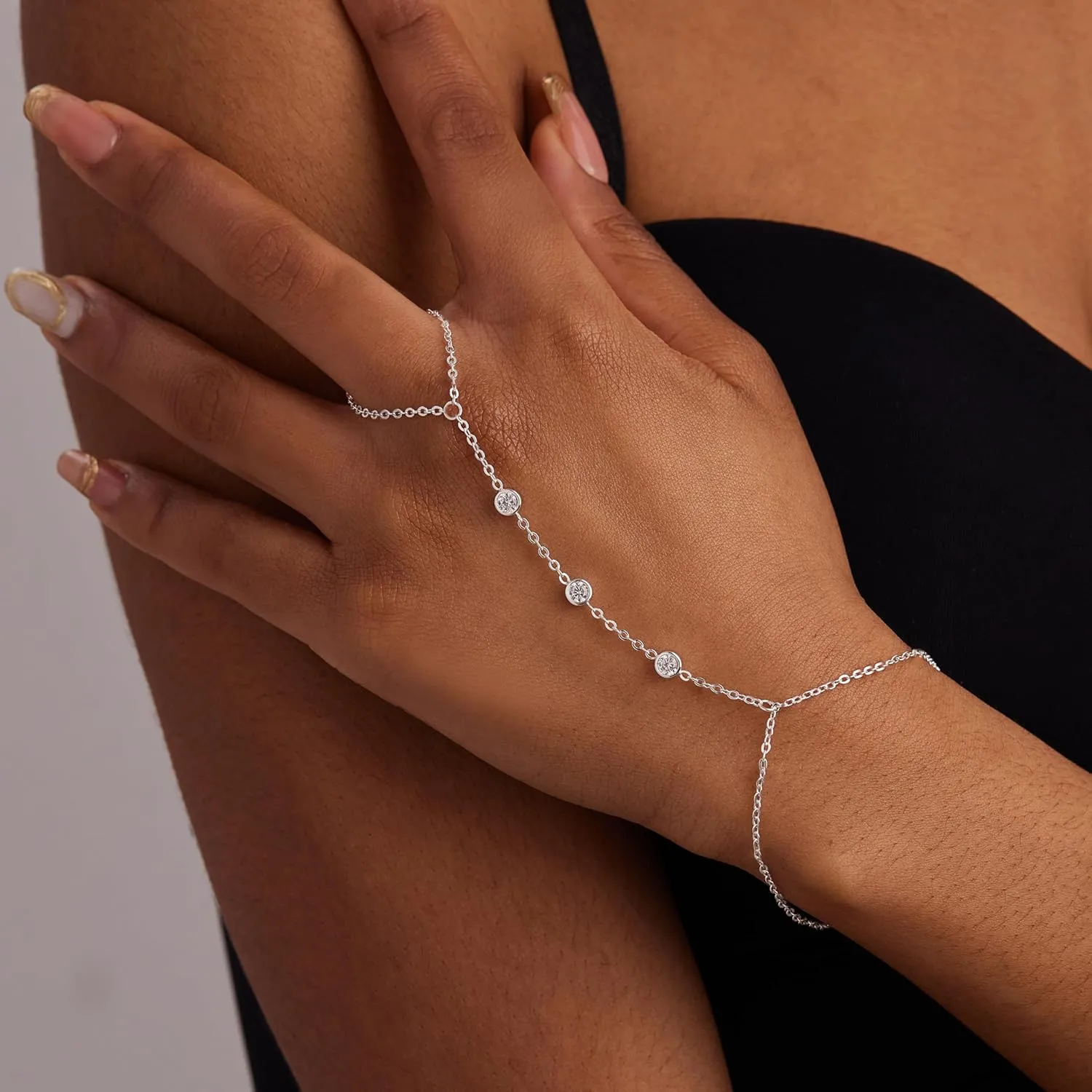 gelbesty Hand Chain Bracelets for Women, 14K Real Gold CZ Diamond Bezel Beaded Bracelets, Dainty Adjustable Bracelets for Women Trendy Waterproof, Jewelry Gifts for Women