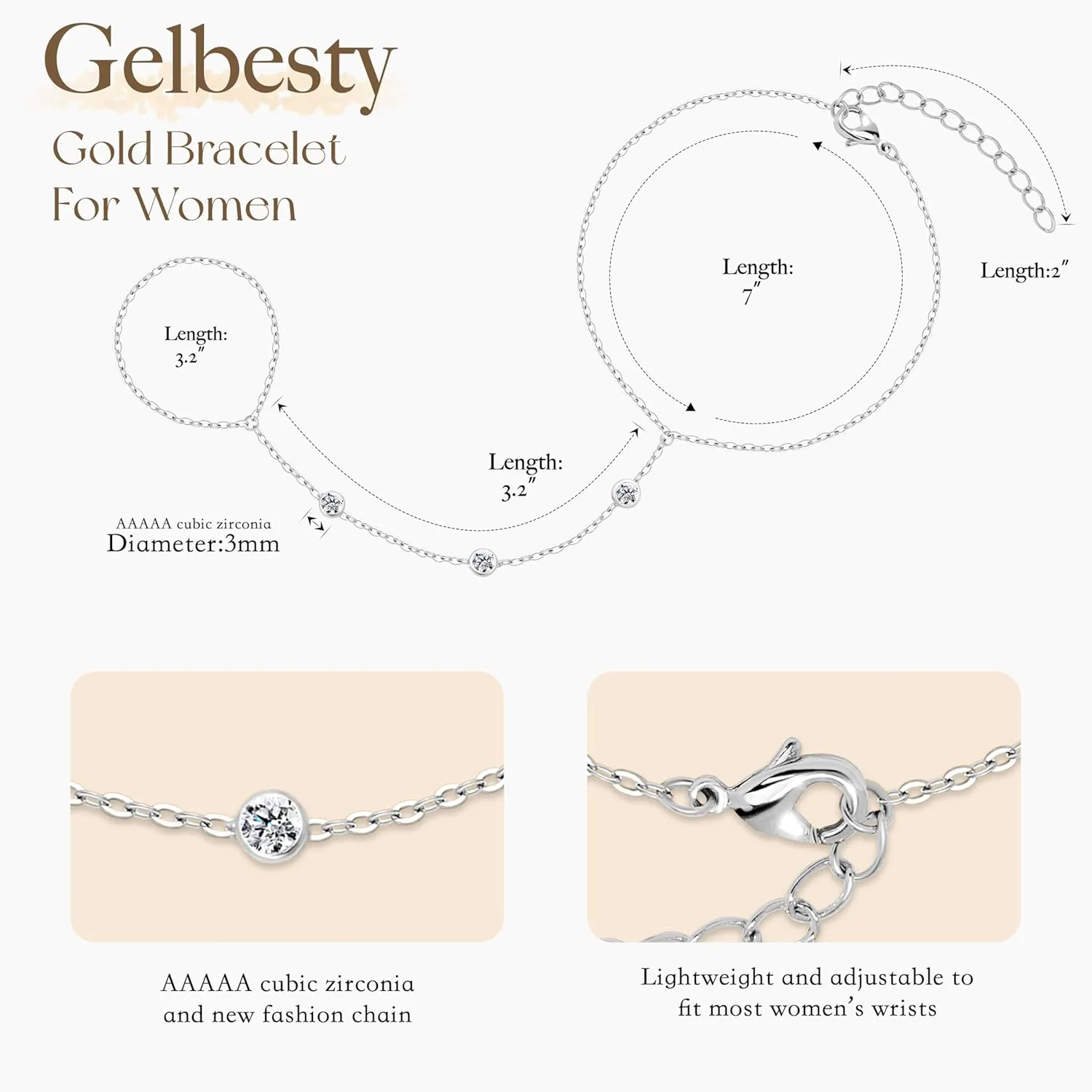 gelbesty Hand Chain Bracelets for Women, 14K Real Gold CZ Diamond Bezel Beaded Bracelets, Dainty Adjustable Bracelets for Women Trendy Waterproof, Jewelry Gifts for Women