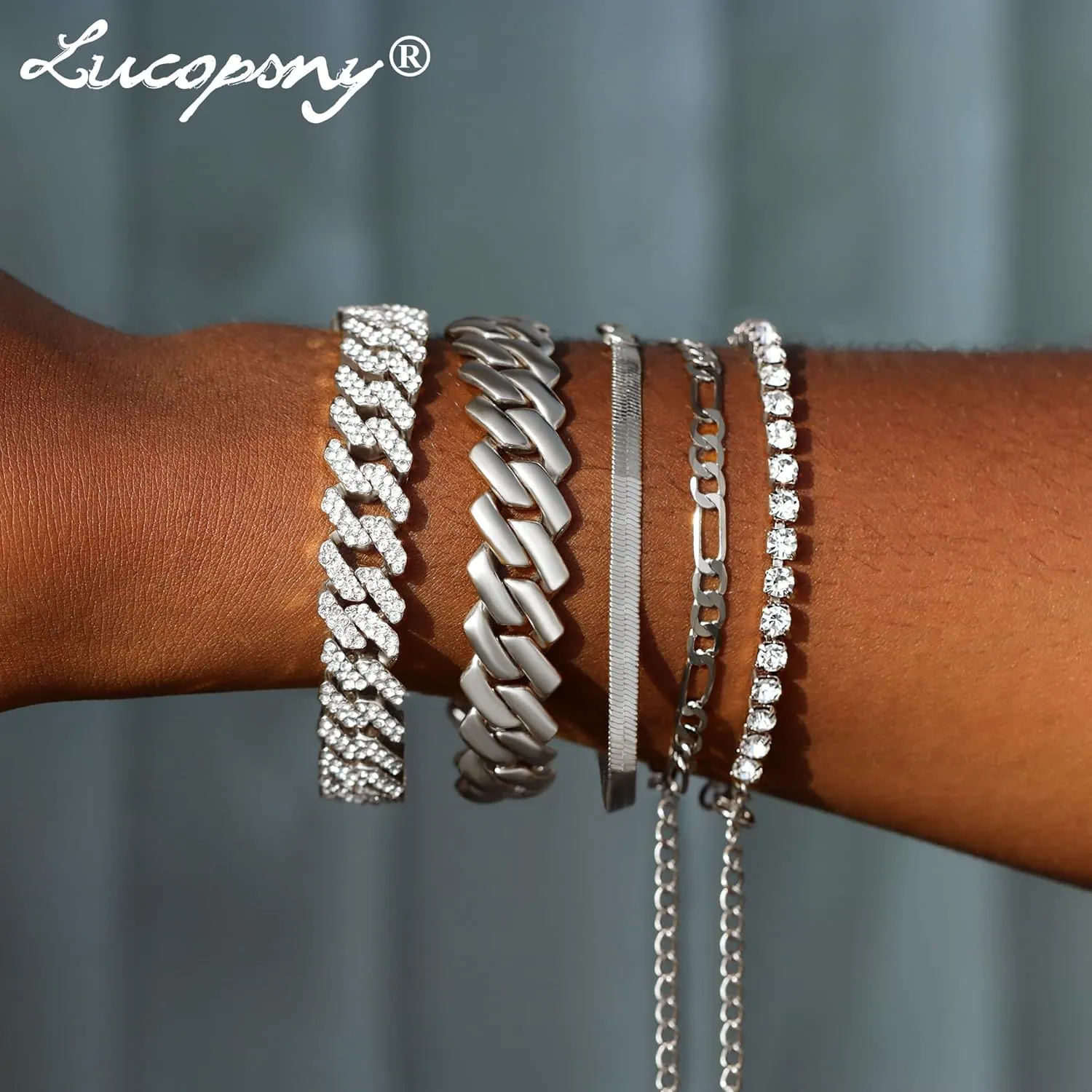 Gold Bracelets for Women, 14K Gold Plated Bracelets Sets for Women, 13mm/14mm Cuban Chain Bracelet Layered Link Chain Bracelets Pack Jewelry Full Diamond for Women