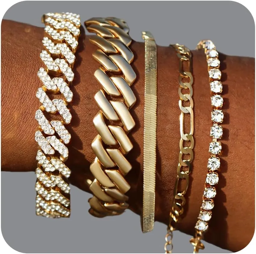 Gold Bracelets for Women, 14K Gold Plated Bracelets Sets for Women, 13mm/14mm Cuban Chain Bracelet Layered Link Chain Bracelets Pack Jewelry Full Diamond for Women
