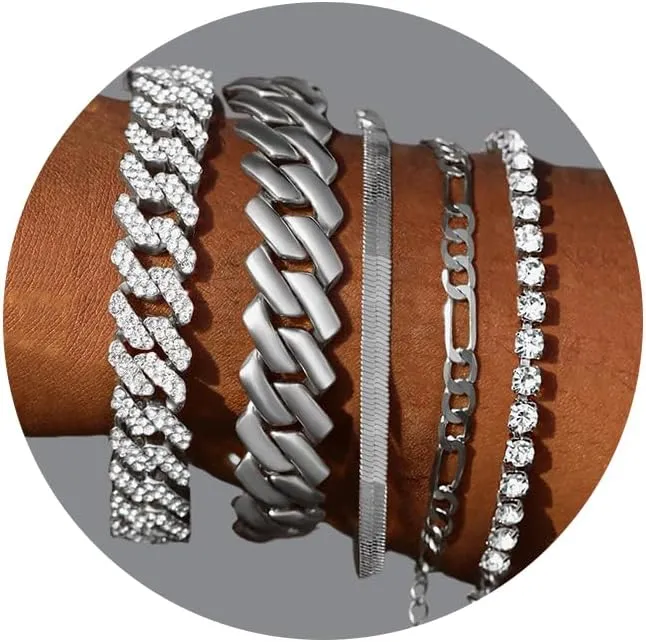 Gold Bracelets for Women, 14K Gold Plated Bracelets Sets for Women, 13mm/14mm Cuban Chain Bracelet Layered Link Chain Bracelets Pack Jewelry Full Diamond for Women