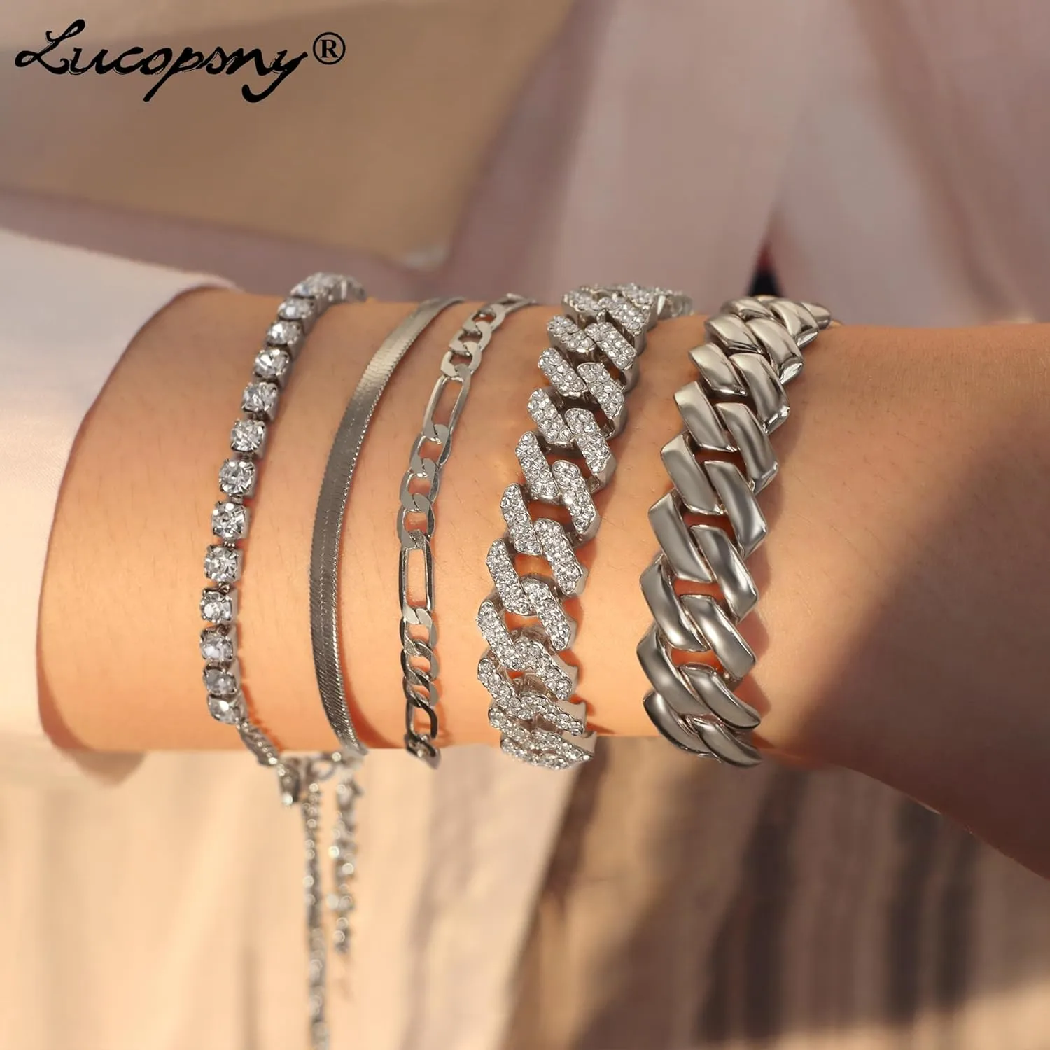 Gold Bracelets for Women, 14K Gold Plated Bracelets Sets for Women, 13mm/14mm Cuban Chain Bracelet Layered Link Chain Bracelets Pack Jewelry Full Diamond for Women