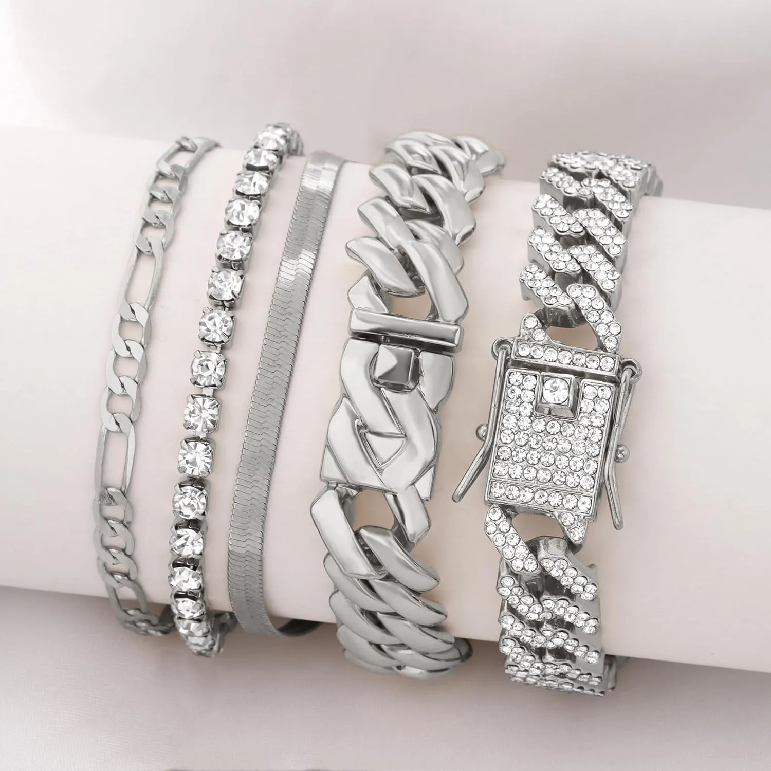Gold Bracelets for Women, 14K Gold Plated Bracelets Sets for Women, 13mm/14mm Cuban Chain Bracelet Layered Link Chain Bracelets Pack Jewelry Full Diamond for Women