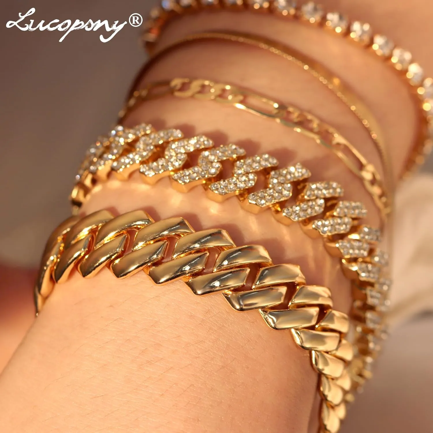 Gold Bracelets for Women, 14K Gold Plated Bracelets Sets for Women, 13mm/14mm Cuban Chain Bracelet Layered Link Chain Bracelets Pack Jewelry Full Diamond for Women