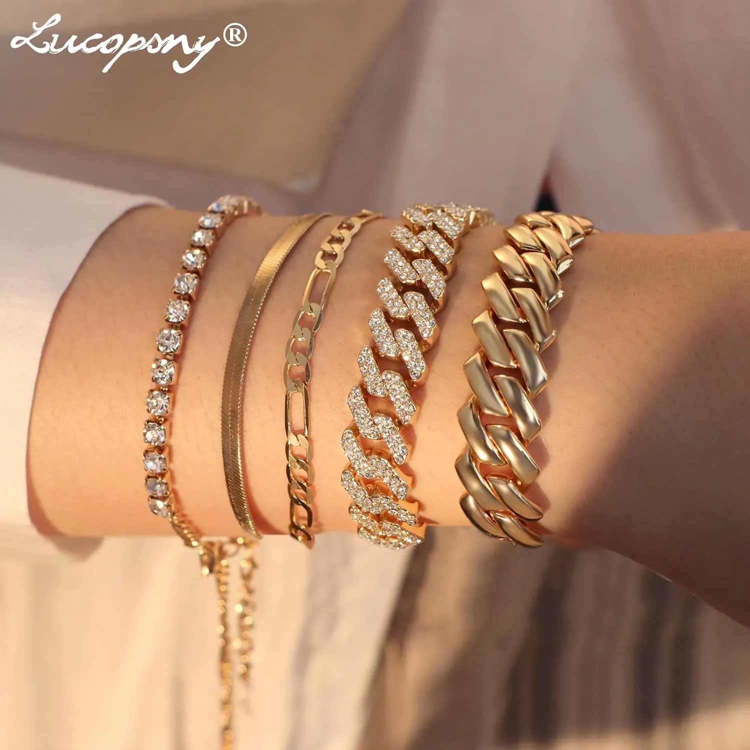 Gold Bracelets for Women, 14K Gold Plated Bracelets Sets for Women, 13mm/14mm Cuban Chain Bracelet Layered Link Chain Bracelets Pack Jewelry Full Diamond for Women