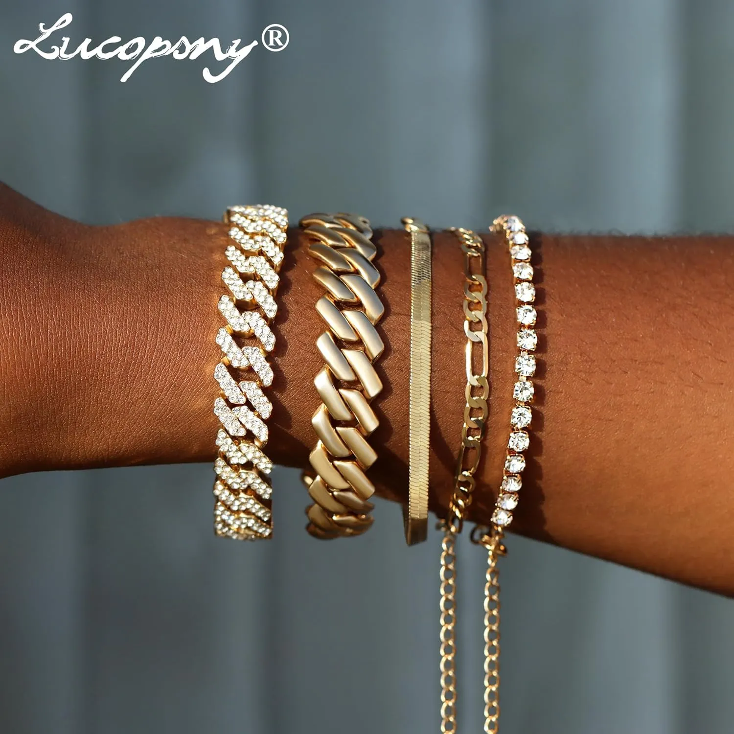 Gold Bracelets for Women, 14K Gold Plated Bracelets Sets for Women, 13mm/14mm Cuban Chain Bracelet Layered Link Chain Bracelets Pack Jewelry Full Diamond for Women