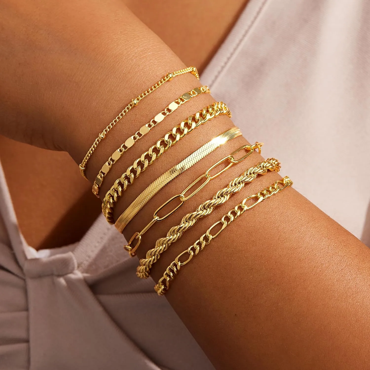 Gold Bracelets for Women, 14K Real Gold Dainty Layered Cuban Link Paperclip Chain Herribone Bracelets Cute Stackable Gold Chain Bracelet Set for Women Trendy Jewelry Gifts