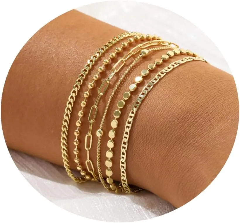 Gold Bracelets for Women Gold Chain Bracelet Sets for Women 14K Gold Plated Dainty Link Paperclip Bracelets Cuba Stackable