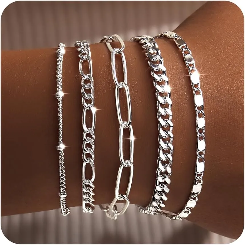 Gold Bracelets for Women Trendy,14K Real Gold Plated Dainty Stackable Paperclip Cuban Link Chain Bracelets,Cuff Bracelets Jewelry Set Adjustable 7" 2"