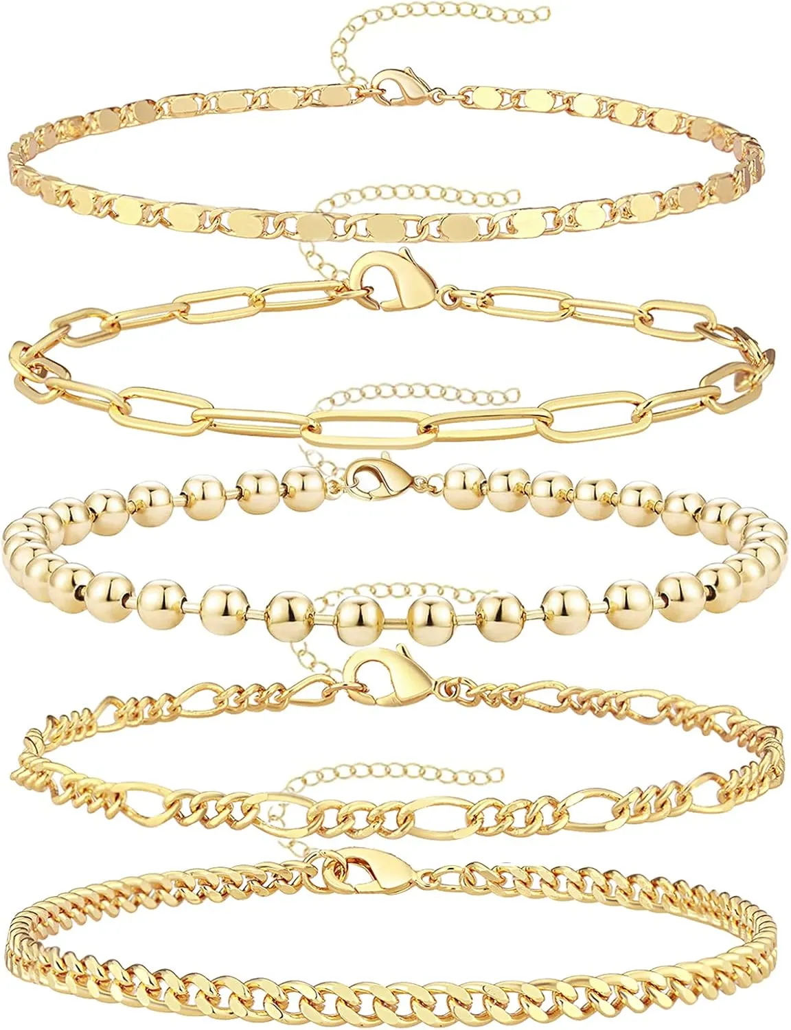 Gold Bracelets for Women Trendy,14K Real Gold Plated Dainty Stackable Paperclip Cuban Link Chain Bracelets,Cuff Bracelets Jewelry Set Adjustable 7" 2"
