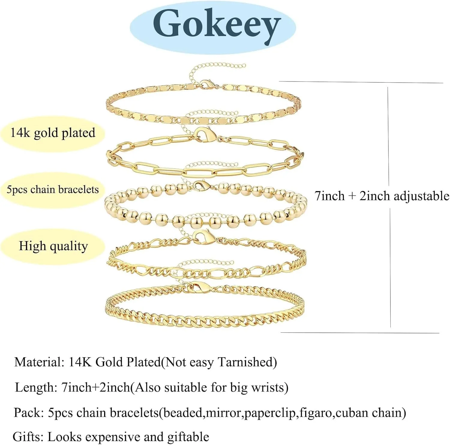 Gold Bracelets for Women Trendy,14K Real Gold Plated Dainty Stackable Paperclip Cuban Link Chain Bracelets,Cuff Bracelets Jewelry Set Adjustable 7" 2"