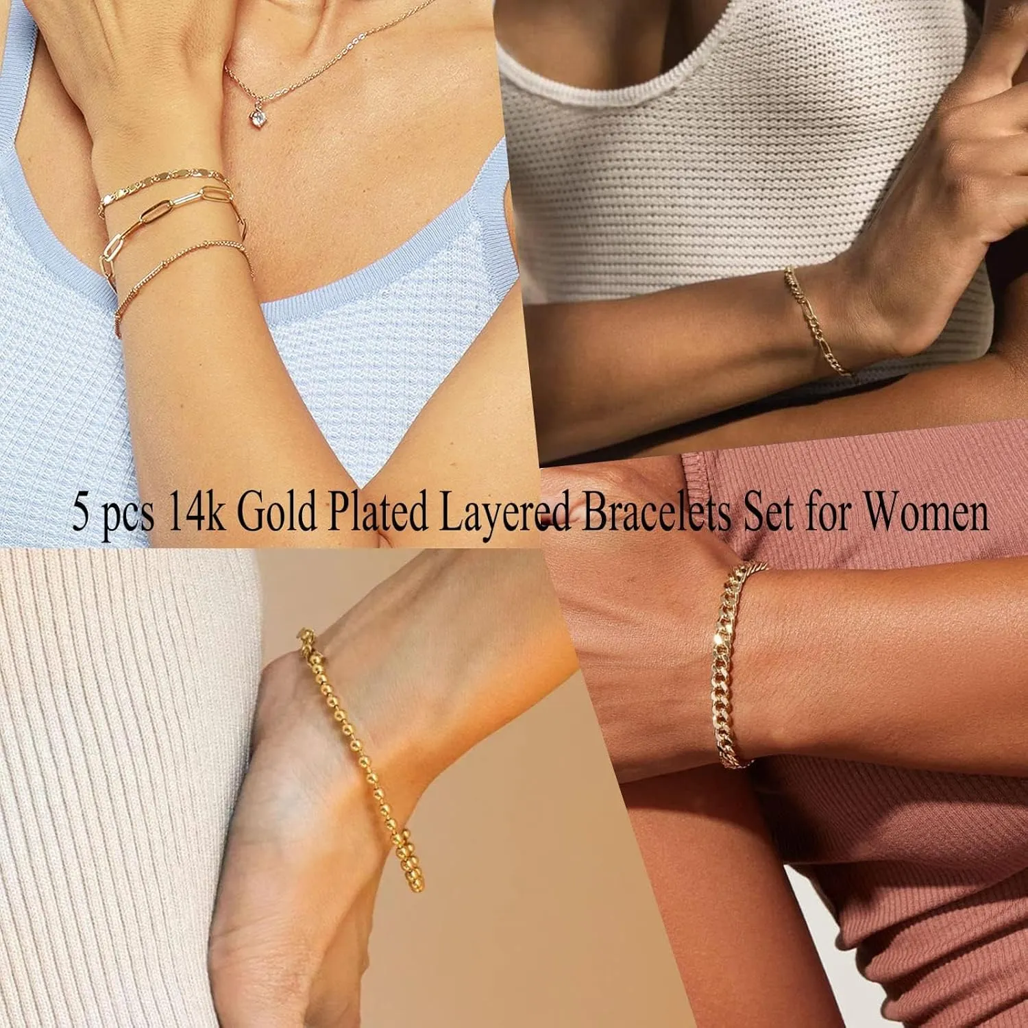 Gold Bracelets for Women Trendy,14K Real Gold Plated Dainty Stackable Paperclip Cuban Link Chain Bracelets,Cuff Bracelets Jewelry Set Adjustable 7" 2"