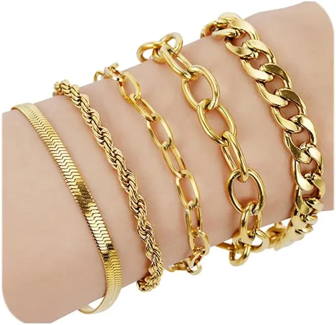 Gold Bracelets for Women Waterproof Non Tarnish 18K Real Gold Plated Jewelry Sets 316L Stainless Steel Chunky Bracelet Stackable Layered Cuban Link Herringbone Paperclip Rope Chain Bracelets Gifts