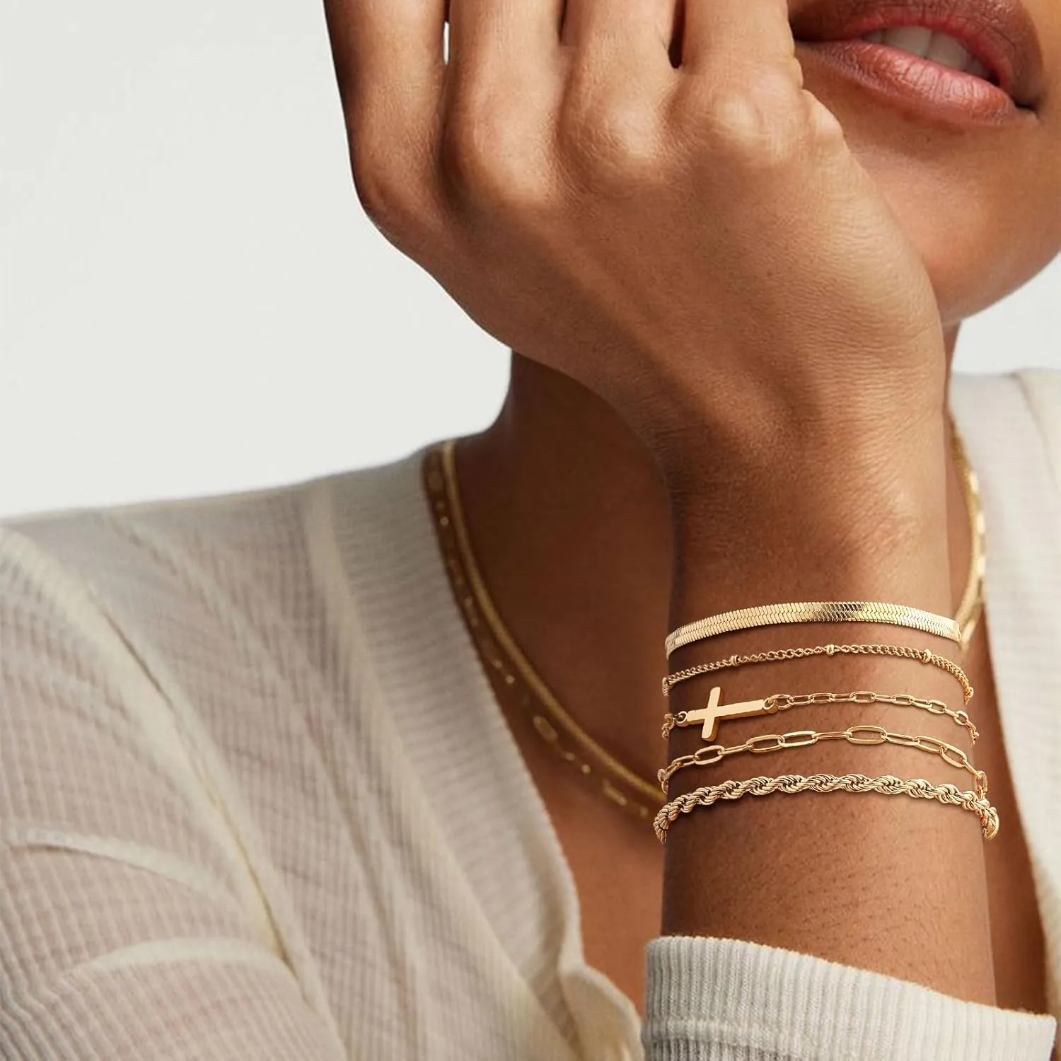 Gold Cross Bracelets for Women , 14k Gold Plated Bracelet Set Snake Cuban Link Chain,Non Tarnish Stackable Christian Bracelet Pack Trendy Religious Jewelry,Easter Christian Gift for Her Mom Girlfriend