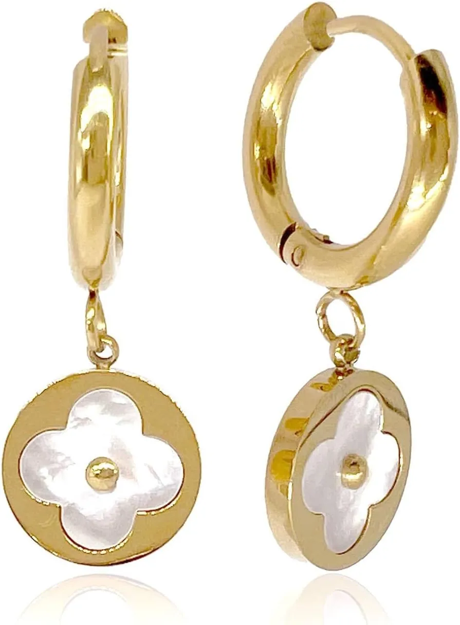Gold Huggie Small Hoop Earrings with Pearl | Flower Drops | 18K Gold Plated Dangle Earrings for Women