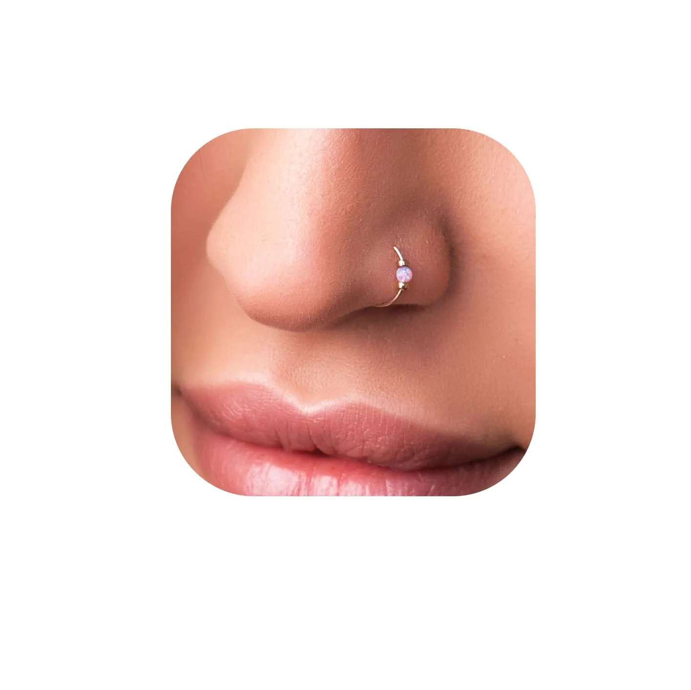 Gold Opal Nose Ring 24 Gauge Pink Gemstone Beaded 7mm 14k Gold-Filled Nostril Hoop Piercing Thin And Elegant Handmade Facial Body Jewelry