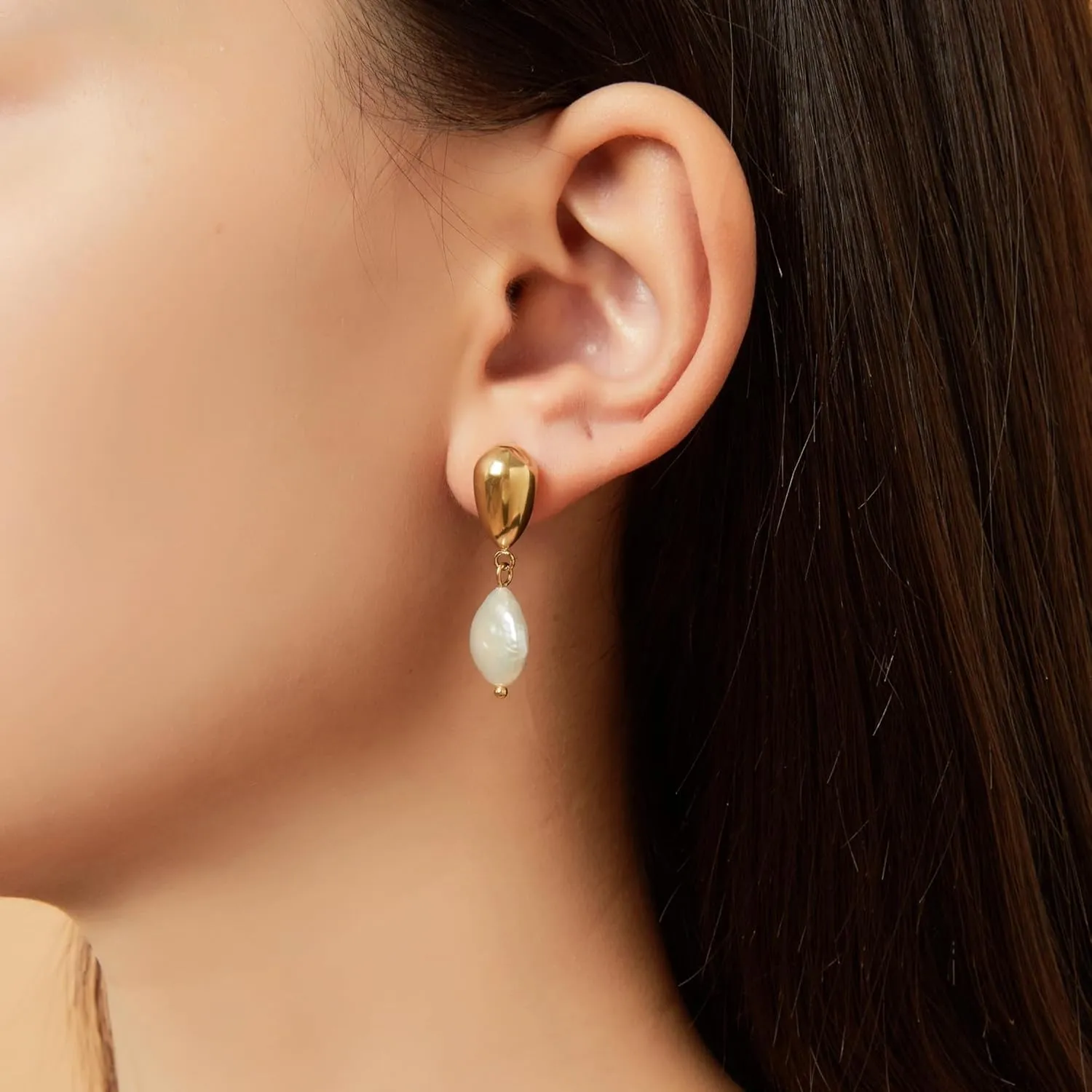 Gold Pearl Drop Earrings for Women, 14K Gold Plated Lightweight Pearl Hoop Earrings Huggies Jewelry Trendy for Women Gifts