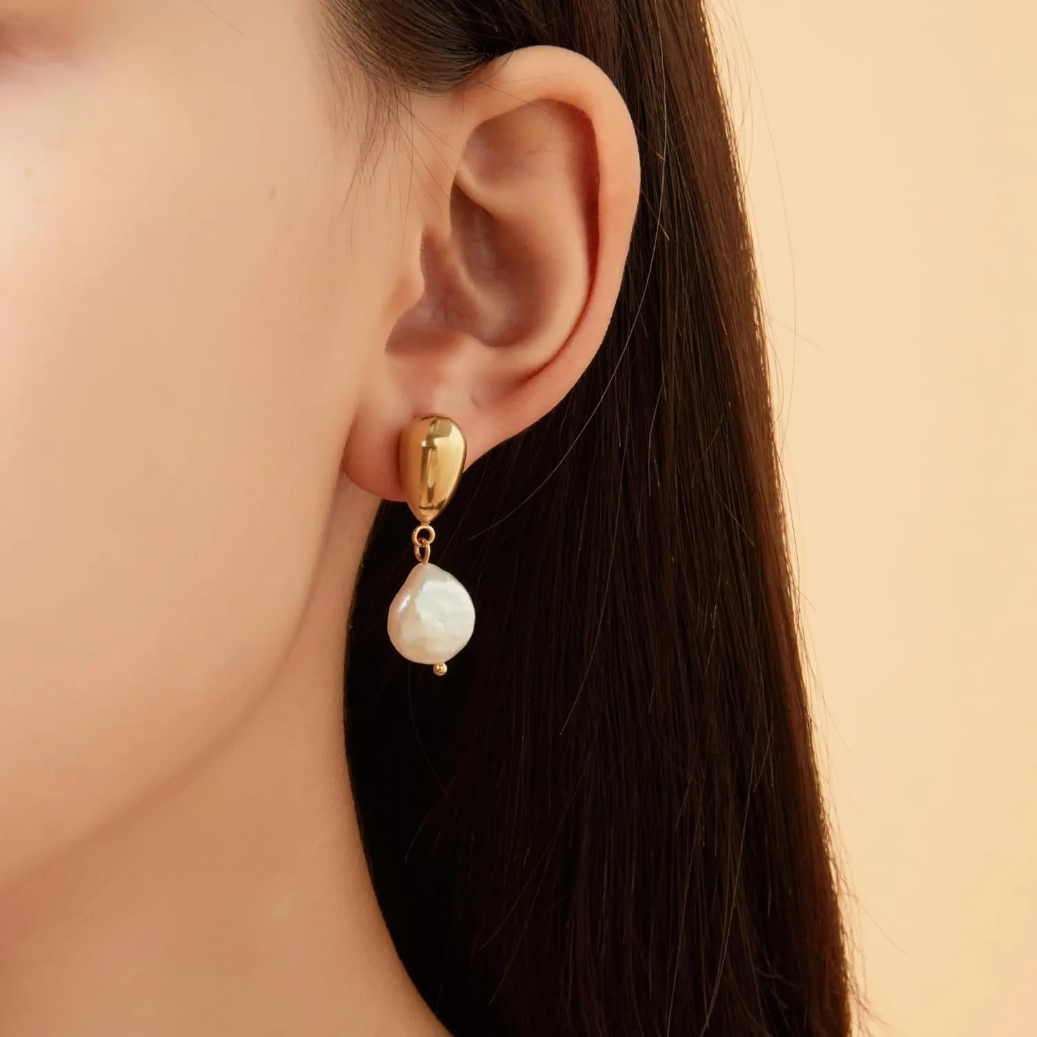 Gold Pearl Drop Earrings for Women, 14K Gold Plated Lightweight Pearl Hoop Earrings Huggies Jewelry Trendy for Women Gifts