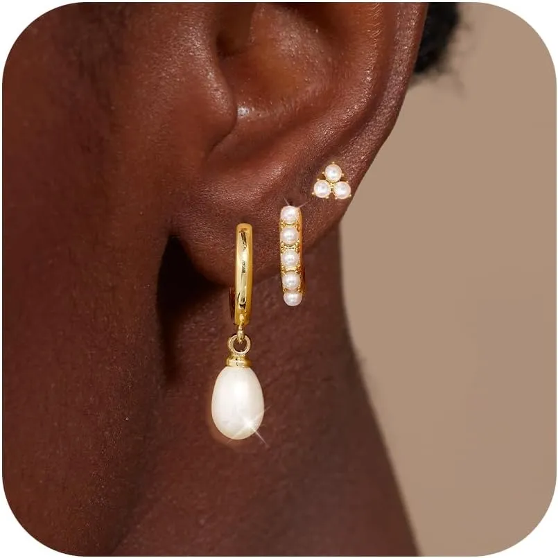Gold Pearl Earrings Set for Women, Pearl Hoop Dangle Drop Earrings, Dainty 14K Gold Plated Hypoallergenic Earring Stacks, Jewelry Gifts for Women/MomTrendy 2025