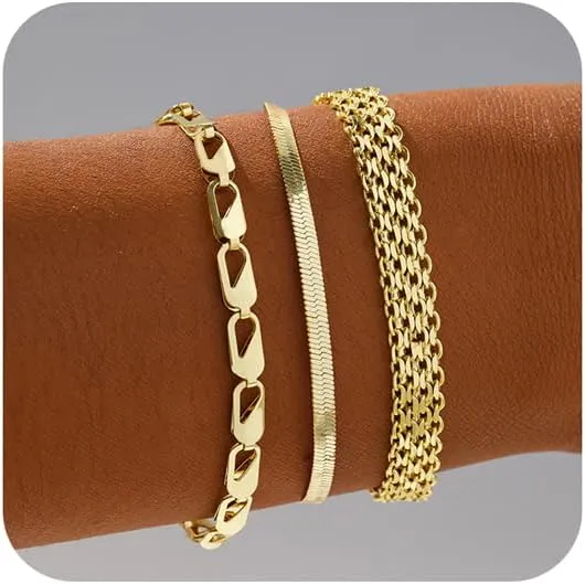 Gold/Silver Bracelets for Women,14K Real Gold Plated Bracelets Stack Trendy Jewelry Sets Stackable Snake Chain Figaro Paperclip Link Chain Adjustable Bracelet Pack Jewelry for Women
