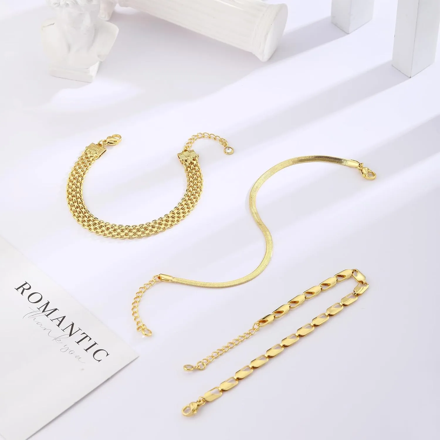 Gold/Silver Bracelets for Women,14K Real Gold Plated Bracelets Stack Trendy Jewelry Sets Stackable Snake Chain Figaro Paperclip Link Chain Adjustable Bracelet Pack Jewelry for Women