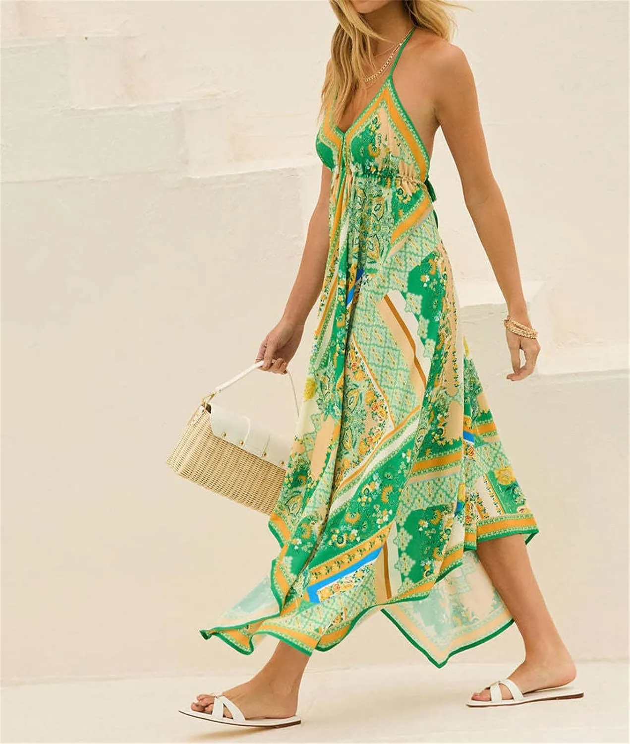 GOLDSTITCH Women's Summer 2025 Casual Maxi Dress Deep V Neck Ruffle Floral Dress