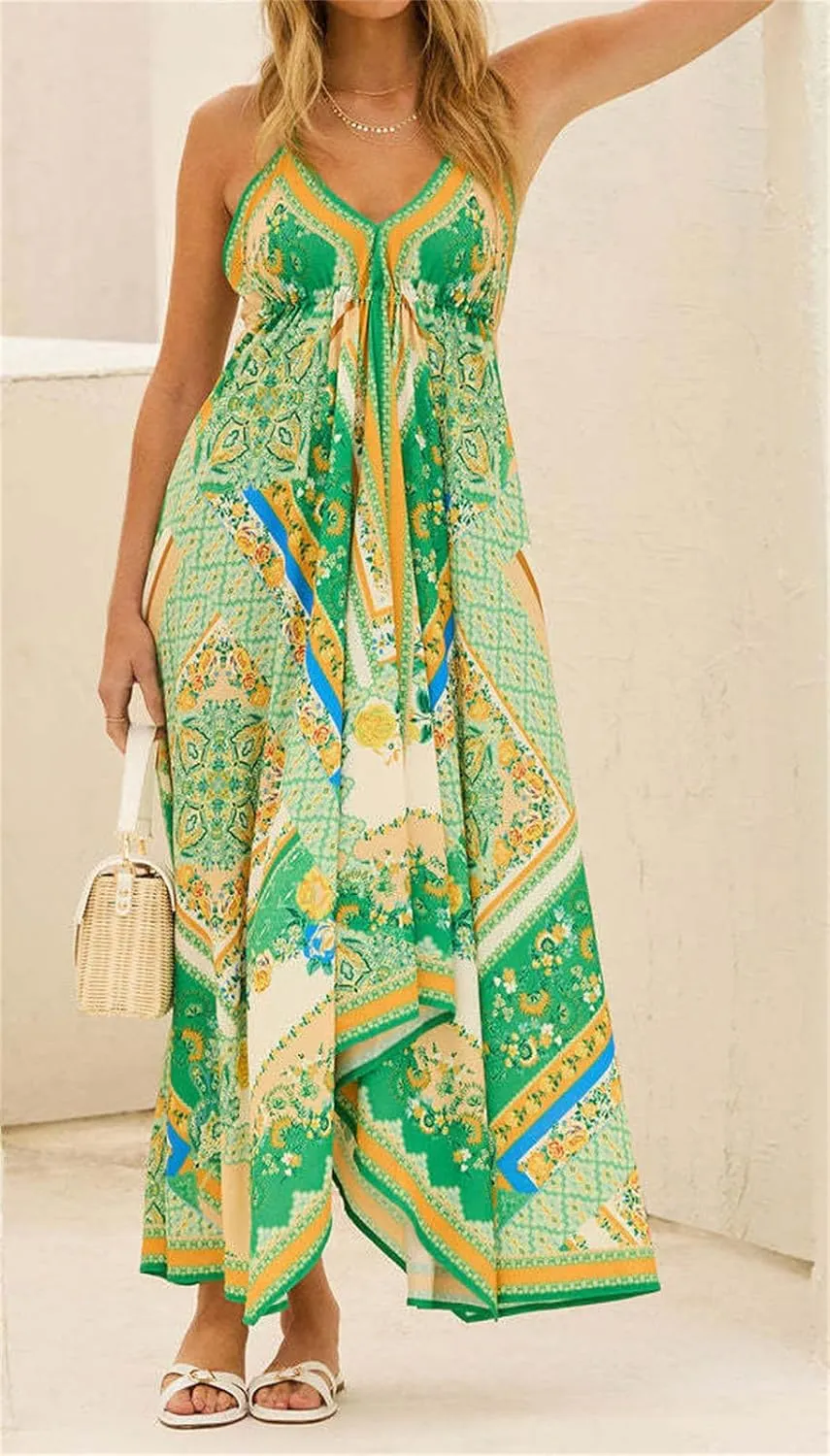 GOLDSTITCH Women's Summer 2025 Casual Maxi Dress Deep V Neck Ruffle Floral Dress