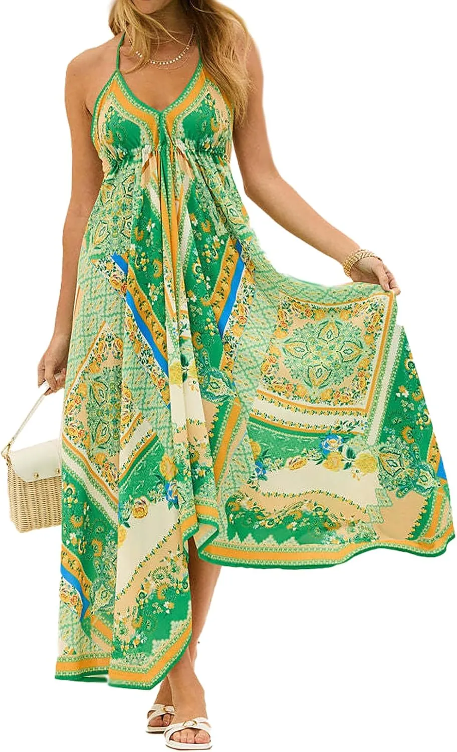 GOLDSTITCH Women's Summer 2025 Casual Maxi Dress Deep V Neck Ruffle Floral Dress