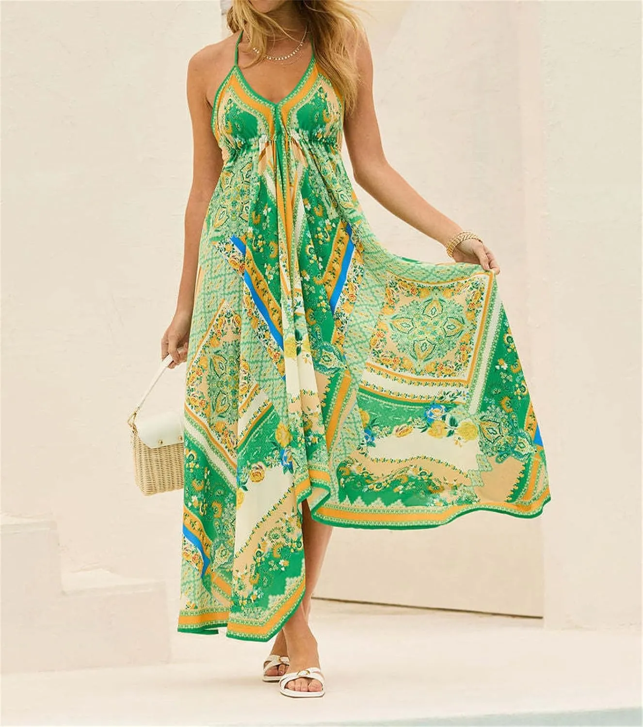 GOLDSTITCH Women's Summer 2025 Casual Maxi Dress Deep V Neck Ruffle Floral Dress